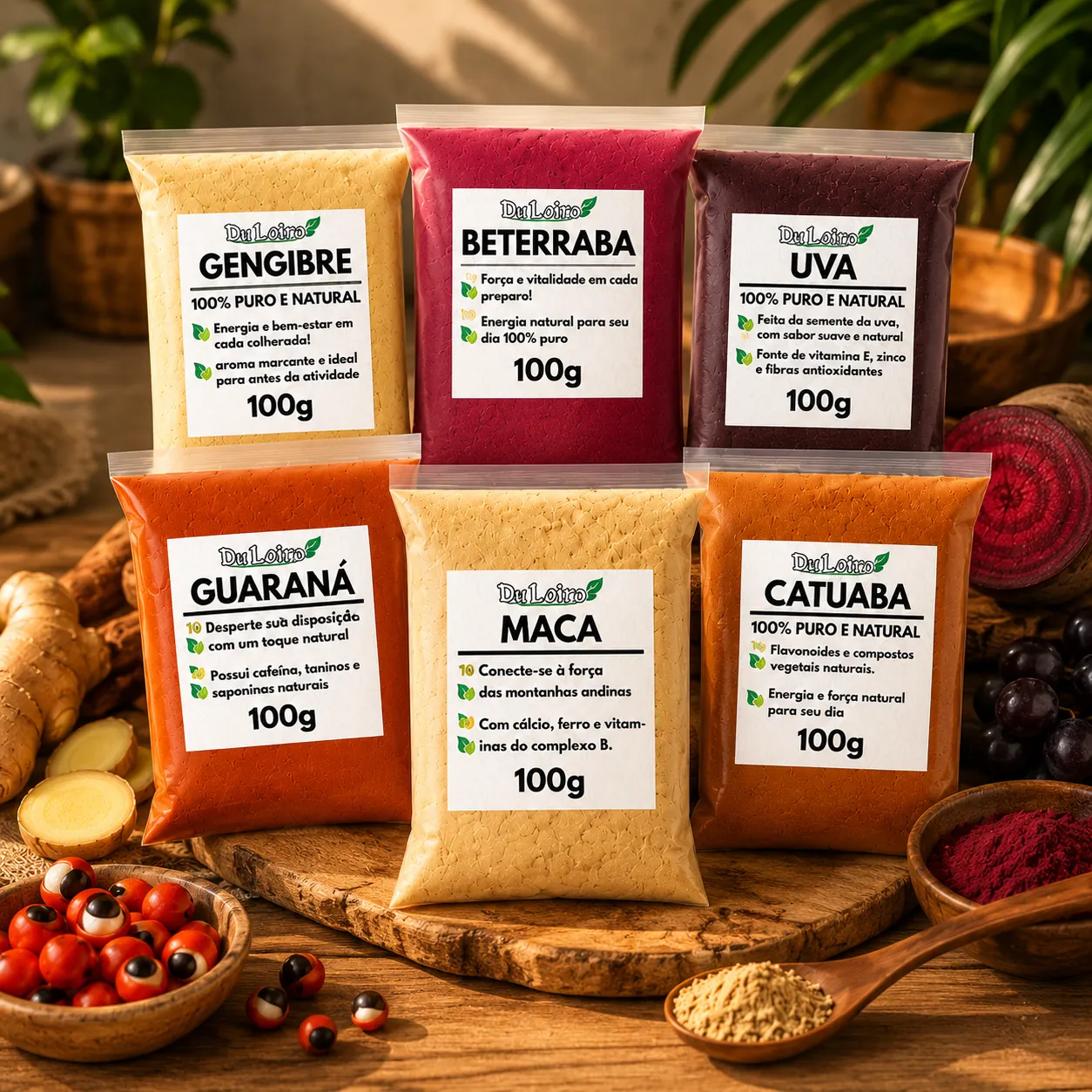 Kit completo com os 6 pacotes de pós naturais sobre tábua de madeira